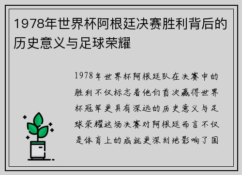 1978年世界杯阿根廷决赛胜利背后的历史意义与足球荣耀