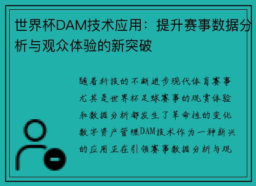 世界杯DAM技术应用：提升赛事数据分析与观众体验的新突破
