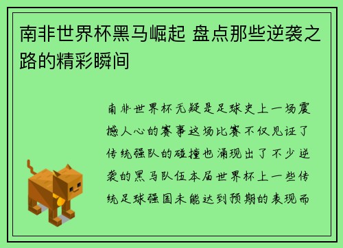 南非世界杯黑马崛起 盘点那些逆袭之路的精彩瞬间